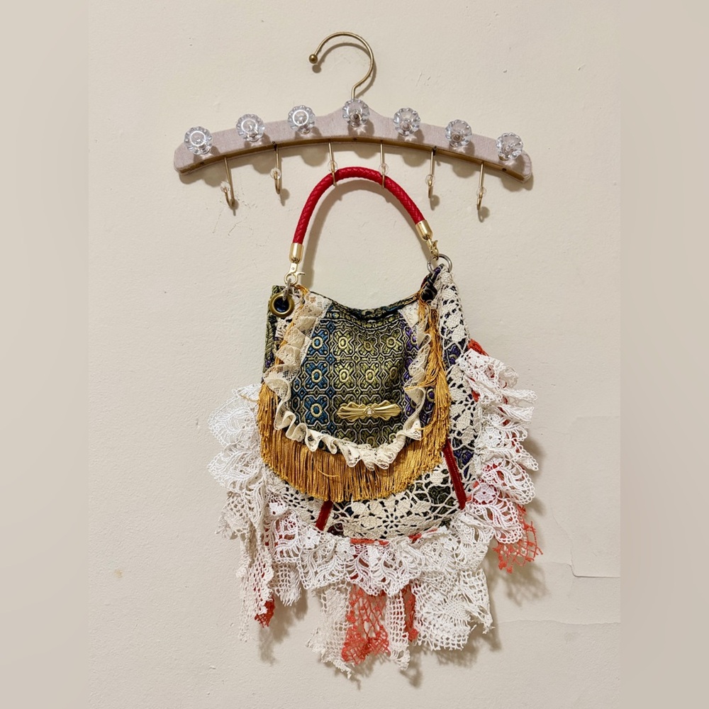 Red and Gold Fringe Shoulder Bag with Bohemian Flair